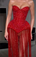 Red Strapless Crystal Beaded Sequin Fringe Mermaid Maxi Dress