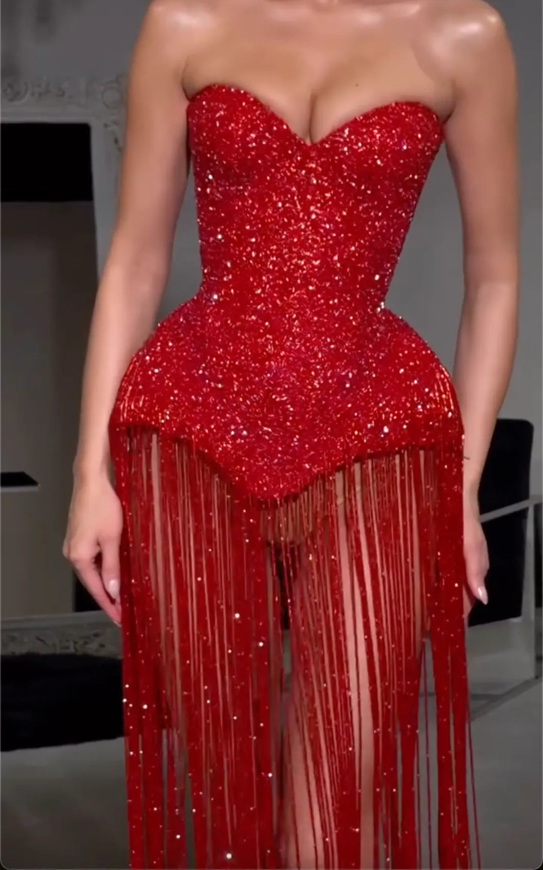 Red Strapless Crystal Beaded Sequin Fringe Mermaid Maxi Dress