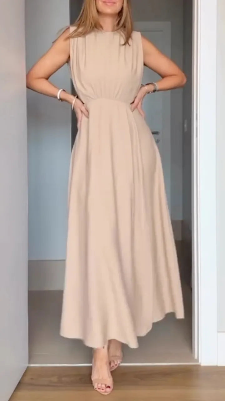 Beige Sleeveless Cutout Waist Tiered Maxi Dress