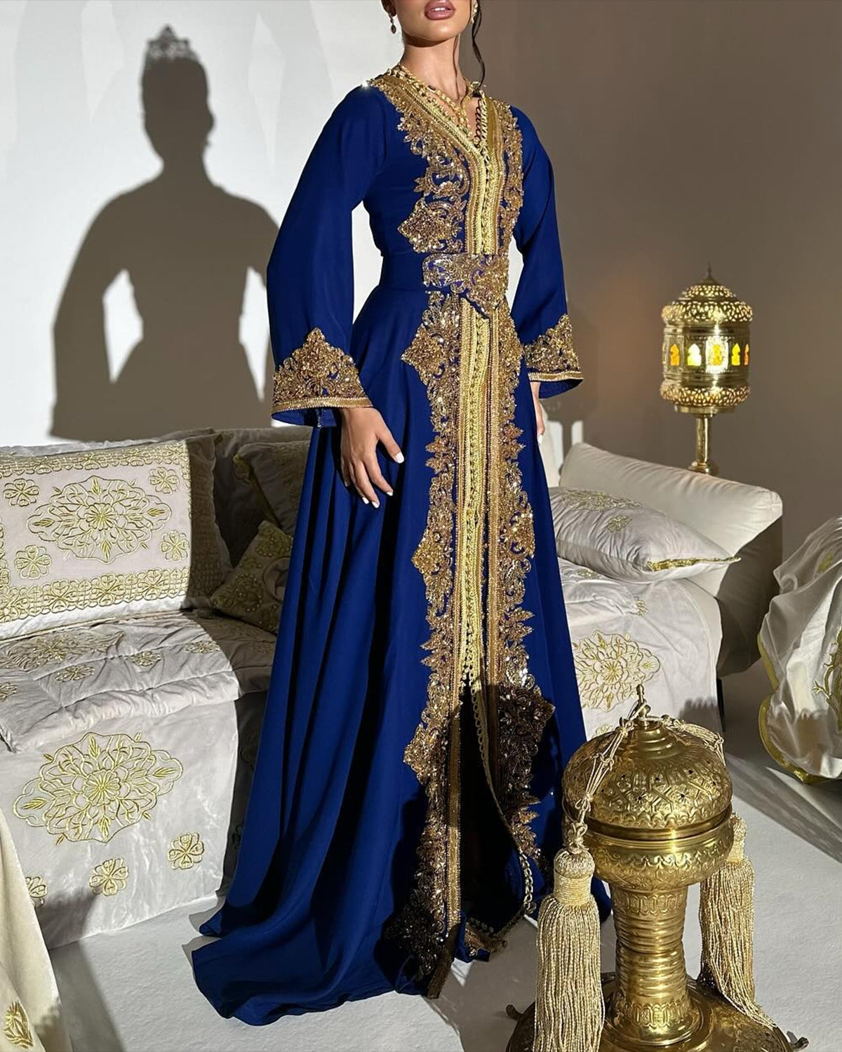 Women's V-neck long sleeve embroidered sequins Dress
