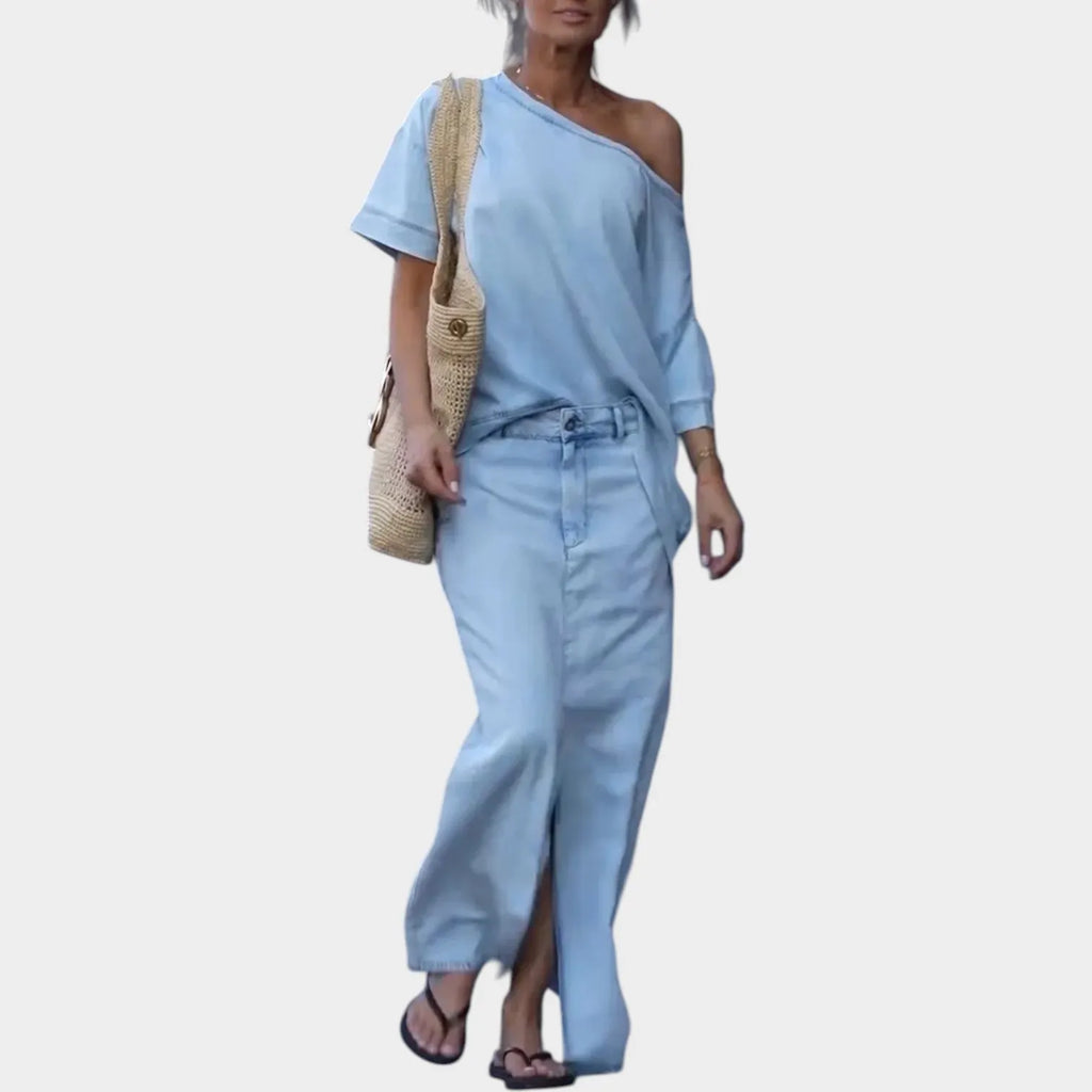 Off-Shoulder Denim Maxi Skirt Set