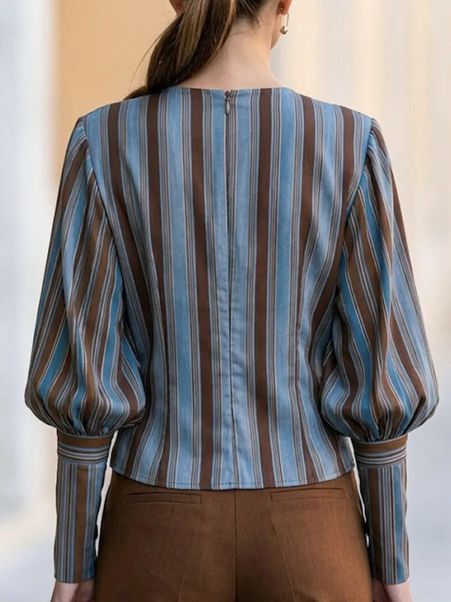 Striped Draped V-Neck Long Sleeve Blouse With Waist Ring Detail