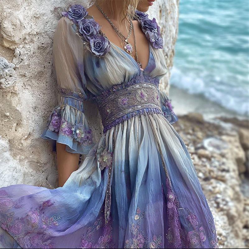 Boho Roses Floral Embroidered Gradient Flowy Linen Maxi Dress