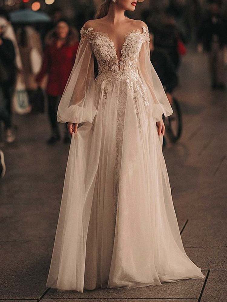 White Puff Long Sleeves Flower-Embellished See-Through Boat Neck Maxi Dresses