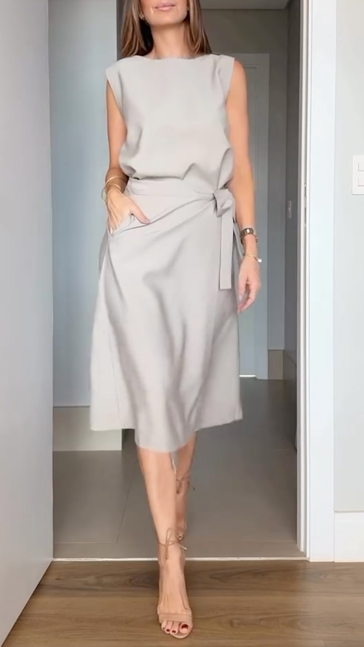 Light Gray Sleeveless Wrap Top Midi Skirt Set