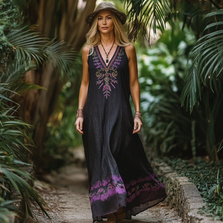Bohemian Lavender Embroidery Sleeveless  Cozy Linen Maxi Dress