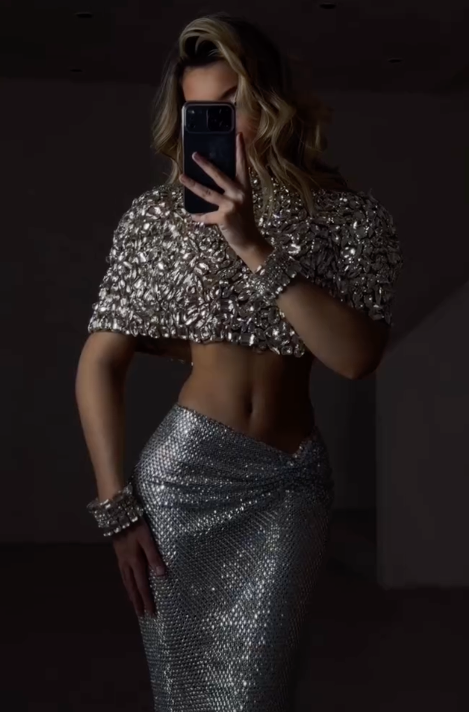 Silver Crystal Beaded Cape & Sequin High Slit Maxi Skirt Two-Piece Set
