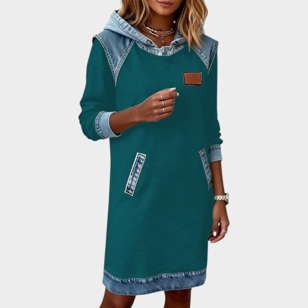 Casual Denim Trim Hoodie Dress