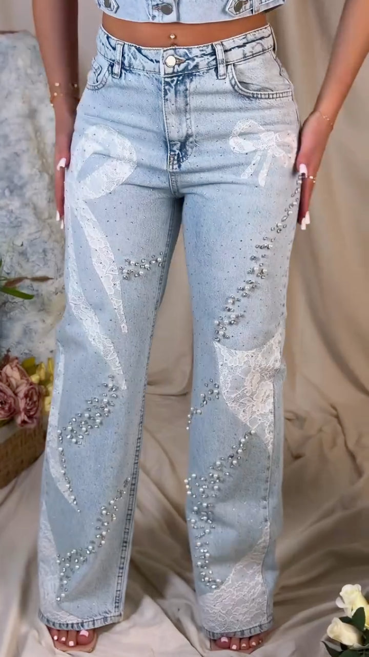Women's Lace Rhinestone Denim Suit