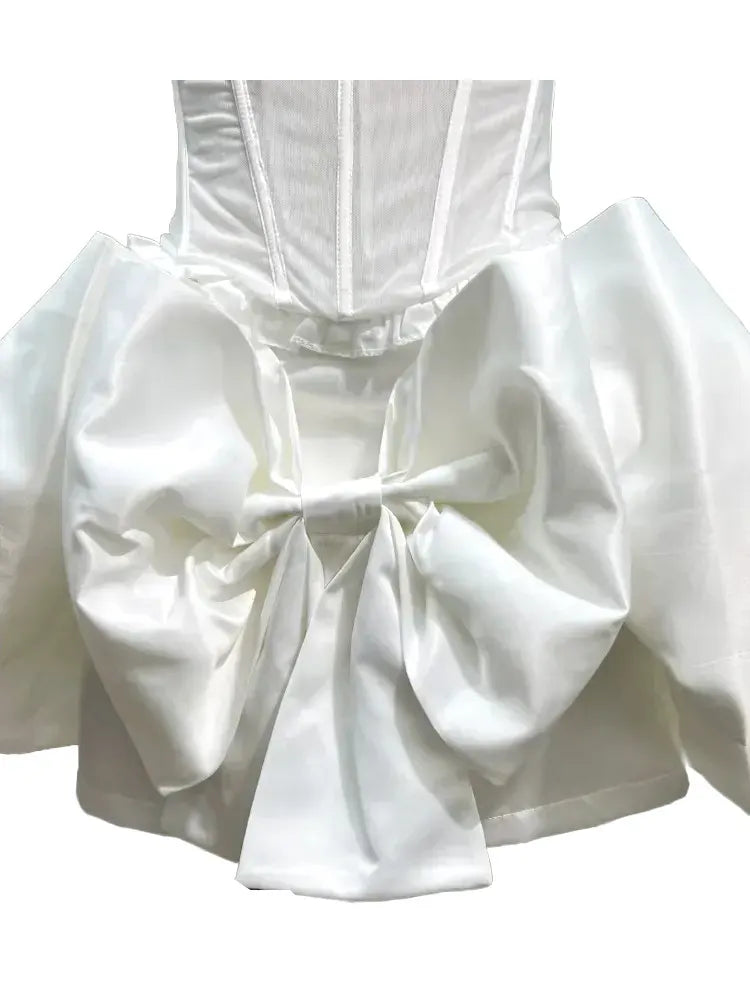Strapless Floral Bow Corset Two Piece Dress White