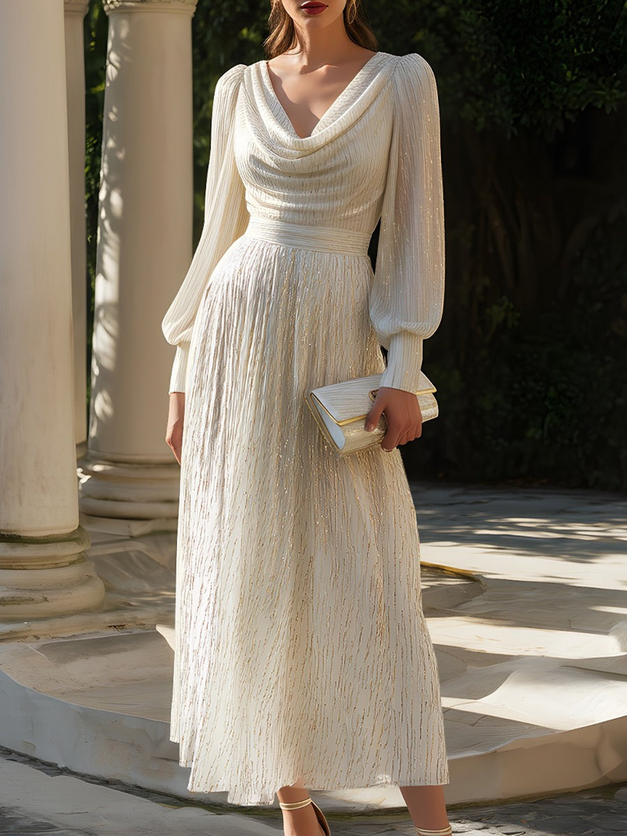 Long Sleeve Shimmer Cowl Neck Pleated Gown