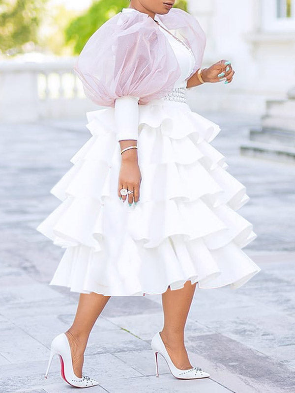 V-Neck Solid Color Mesh Puff Sleeve Empire A-Line Midi Dress