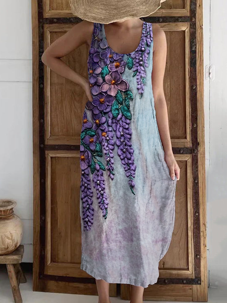 Romantic Purple Floral Embroidered Linen Blend Dress
