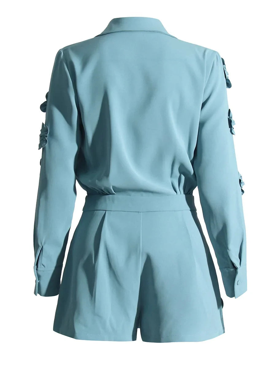 Turquoise Jumpsuit with 3D Floral Appliqués, Long Sleeves & Shorts