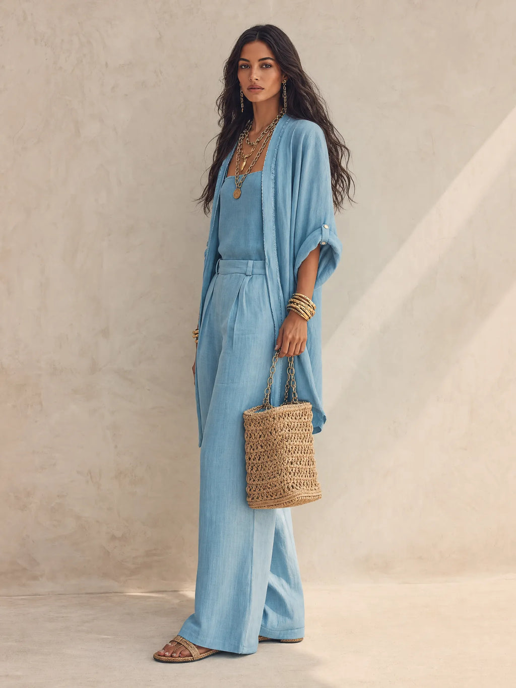 Women's 3-Piece Set Open Front Kimono Cardigan Cami Top Wide Leg Pants Casual Linen Look Outfit
