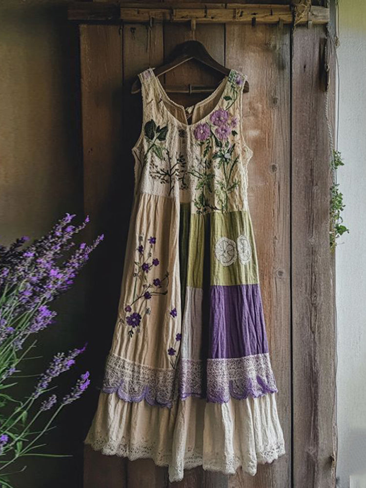 Vintage Tribal Embroidered Violet Lace Floral Art Linen Dress