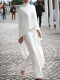 Solid Color High-low Loose High-neck Two Pieces Set Pants Set