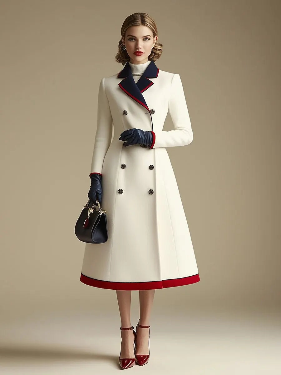 [24-hour shipping out]High-End Retro And Fashionable Double-Breasted Lapel Color-Blocked Long Coat
