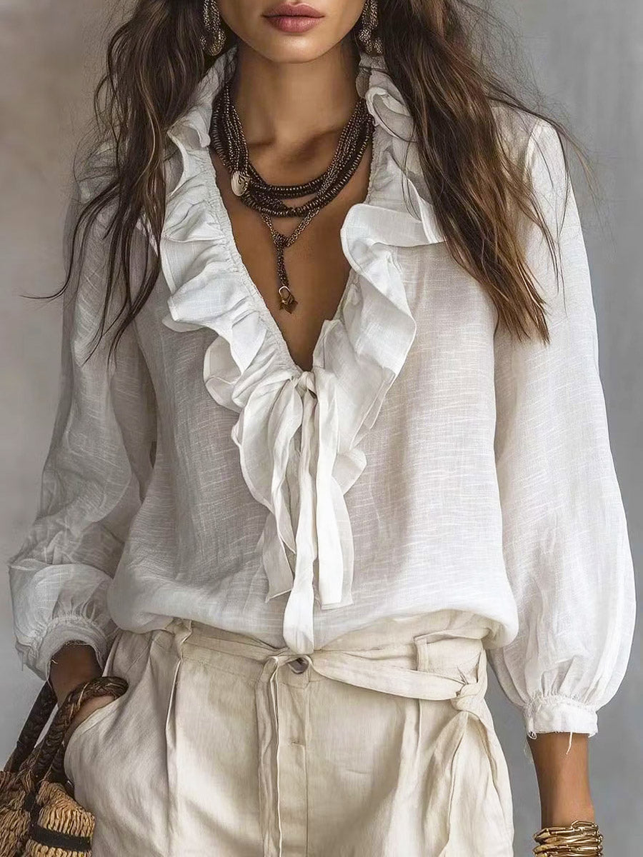 Women's Ruffled Art Casual Stylish Long Sleeve Cotton Linen Shirt