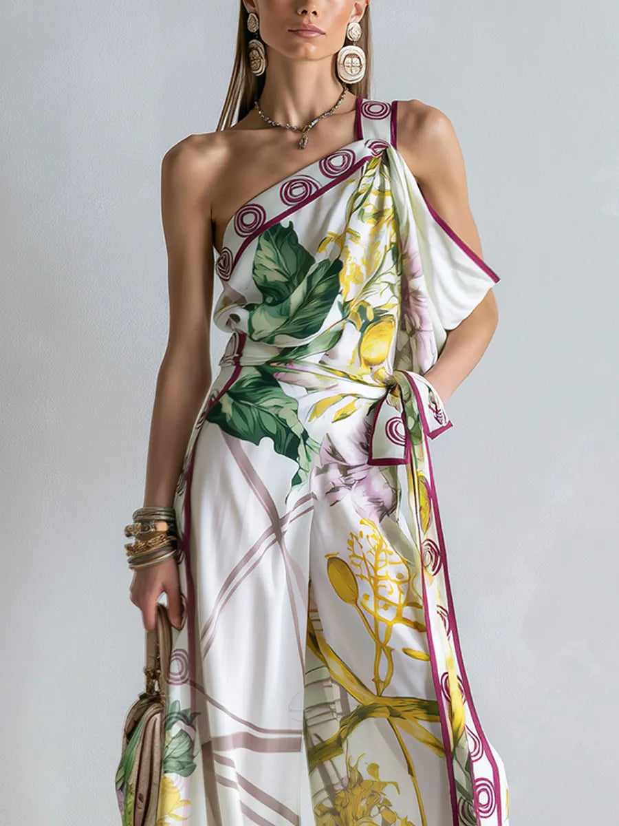 Bohemian Print One Shoulder Top And Wide Leg Set