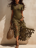 Effortless Coastal Safari Olive Green 3D Floral Statement Maxi Dress