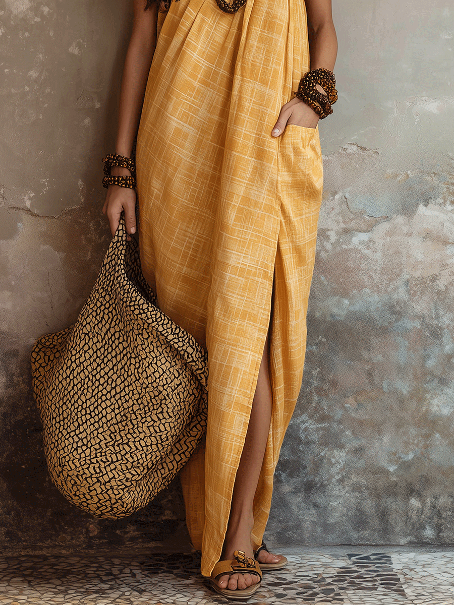 Chic Mustard Yellow Lightweight Relaxed Fit Resort Wrap Style Maxi Dress