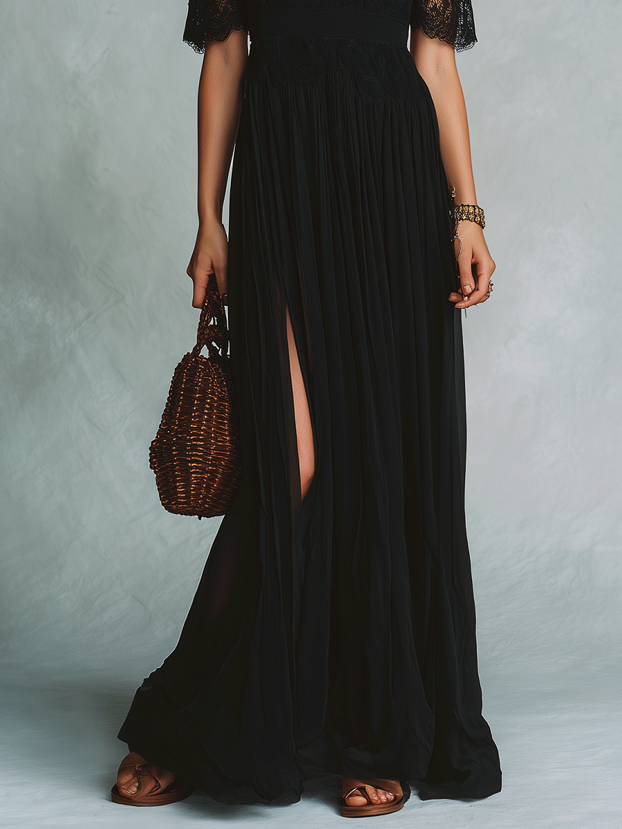 Elegant Vacation Noir Lace Trim Off-Shoulder Boho Maxi Dress