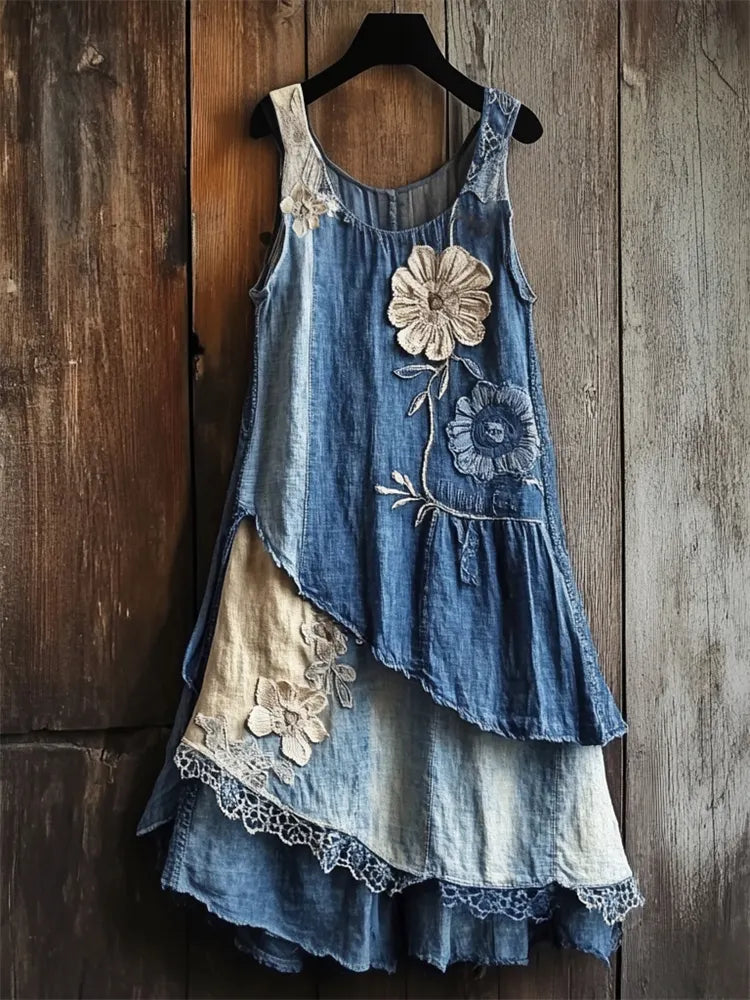 Flowers Denim Textile Lace Layered Tank Dress