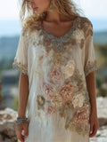 Boho Roses Glitter Fiber Art Flowy Linen Dress