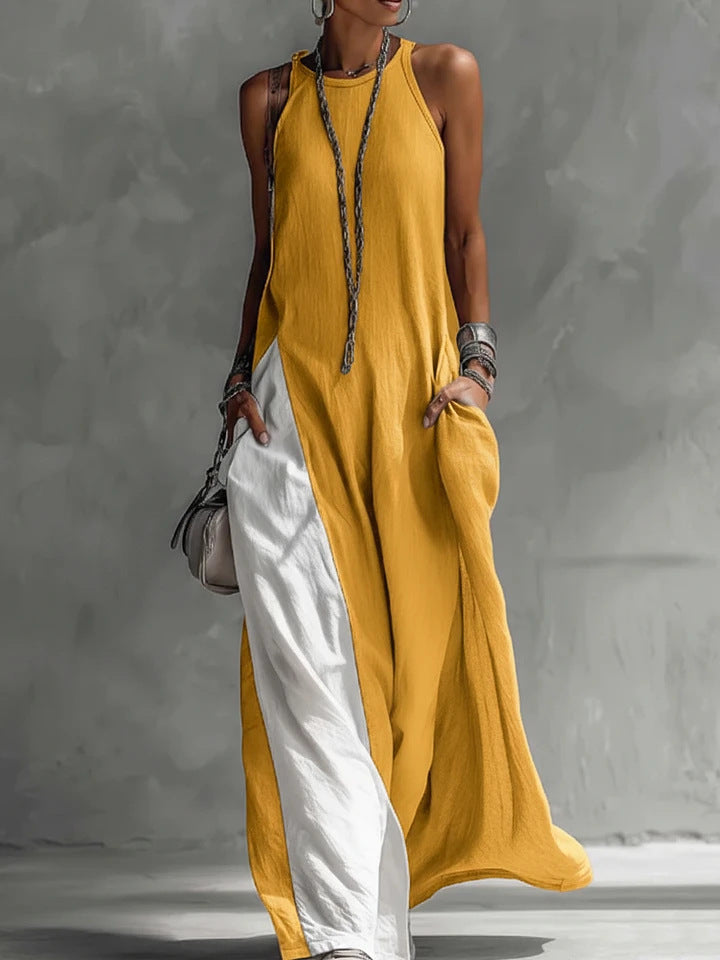 Dadihouse Avant-Garde Halter Maxi Dress - Contrast Color-Block Loose Fit Art-Style Gown