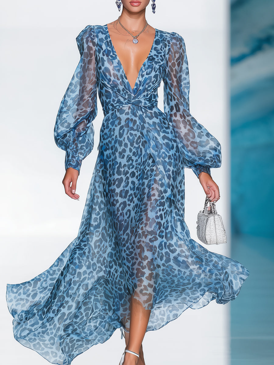 [24-hour shipping out]Elegant And Fashionable Chiffon Blue Leopard Print Long Sleeve V-neck Flowing Maxi Dress