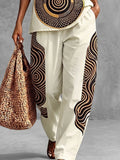 Printed Pockets Elasticity Contrast Color Wide Leg Loose Trousers Pants