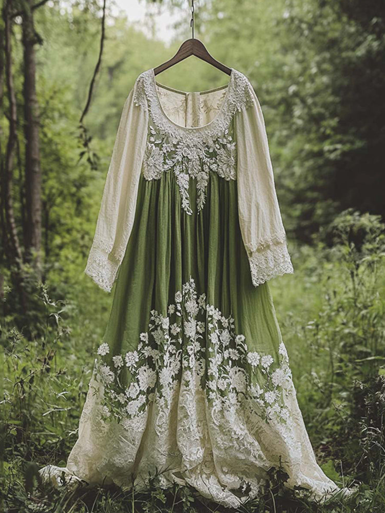 Vintage Floral Embroidered Pattern Linen Contrast Color Maxi Dress