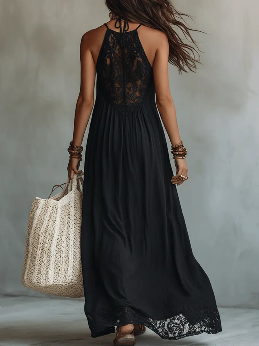 Boho-style Sexy Lace-paneled Halter Dress