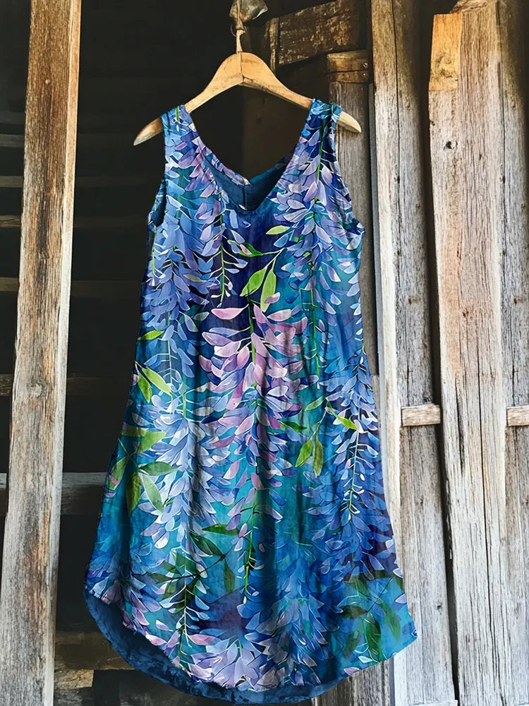 Vintage Floral Art Linen Tank Dress 1d04