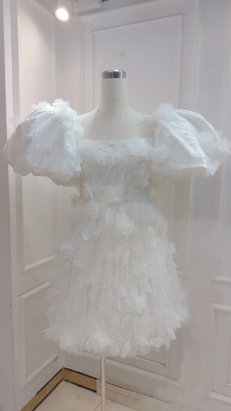 Custom short wedding dress for the bride. Beaded wedding dress with beautiful fabric. Puffy  sleeve short wedding dress.