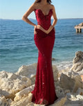 Strapless Corset Cutout Waist Sequin Mermaid Evening Gown, Burgundy Twisted Ruched High Waist Bodycon Formal Maxi Dress