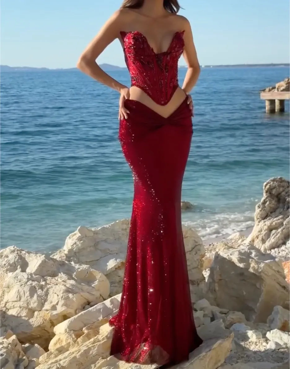 Strapless Corset Cutout Waist Sequin Mermaid Evening Gown, Burgundy Twisted Ruched High Waist Bodycon Formal Maxi Dress