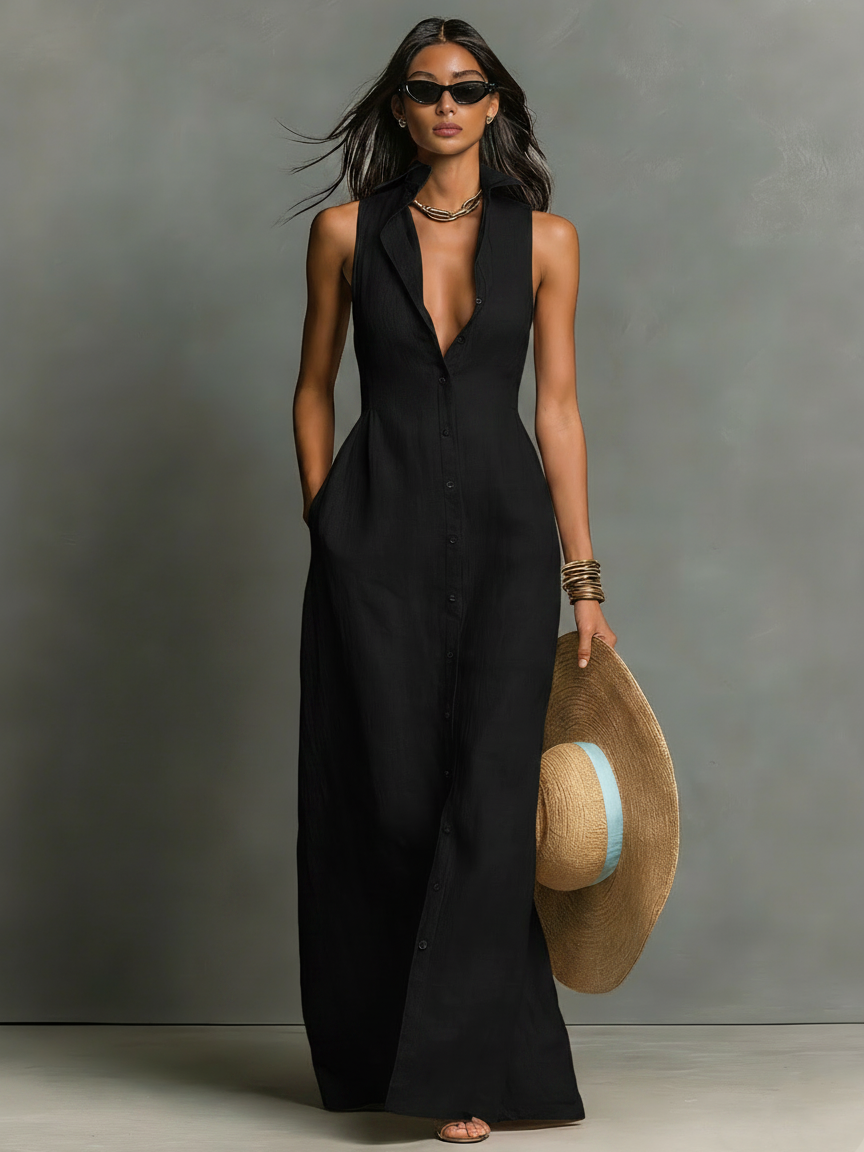 Women's Minimalist Linen-Blend Collared Single-Breasted Sleeveless Maxi Shirt Dress