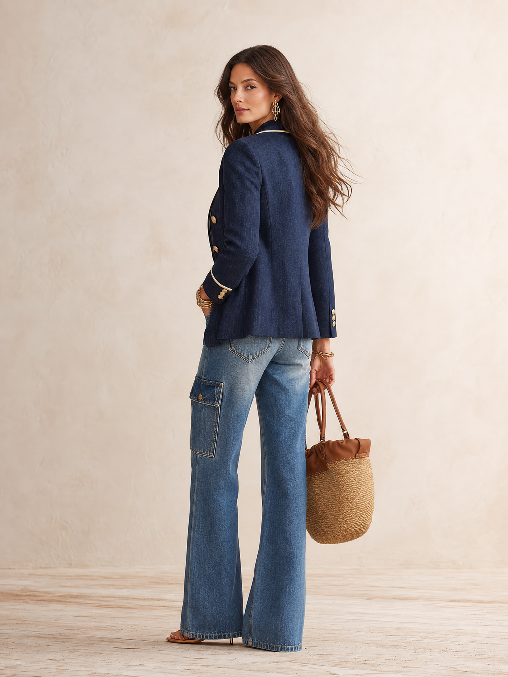 Effortless Chic Linen-Blend Notch-Lapel Gold-Button Navy Tailored Blazer