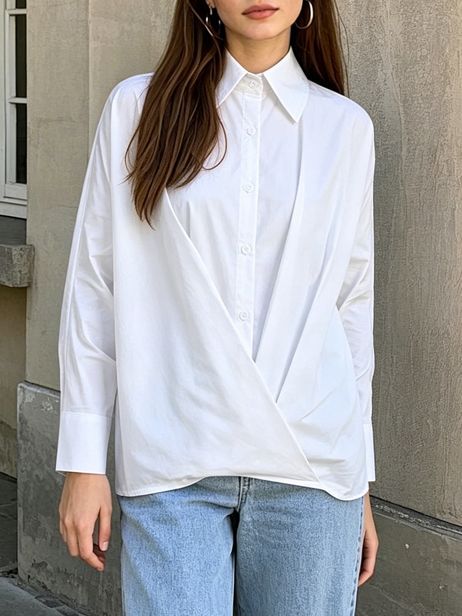 Batwing Sleeves Long Sleeves Buttoned Solid Color Lapel Blouses&Shirts Tops