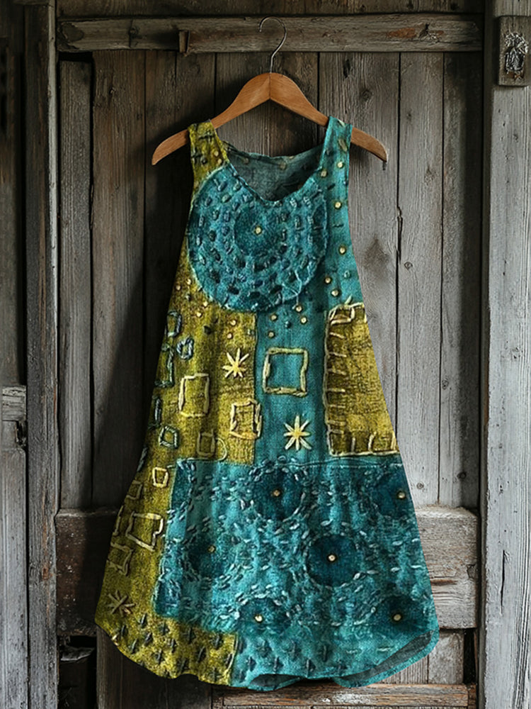 Abstract Creative  Patchwork Art Linen Blend Tank Dress a84c