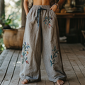 Bohemian Floral Art Printed Cotton Linen Wide Leg Pants
