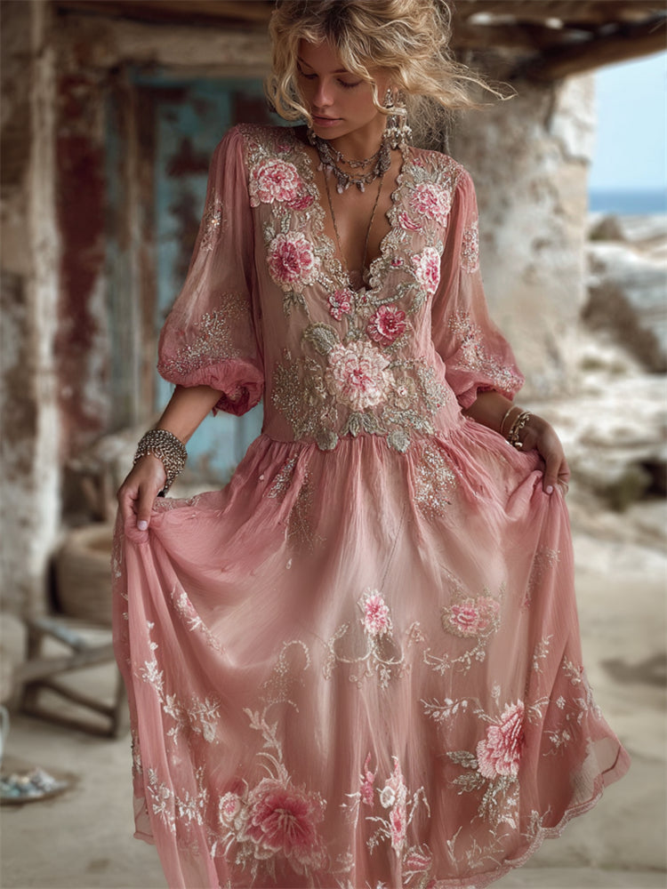 Boho Pink Flowers Embroidered Lace Flowy Linen Maxi Dress
