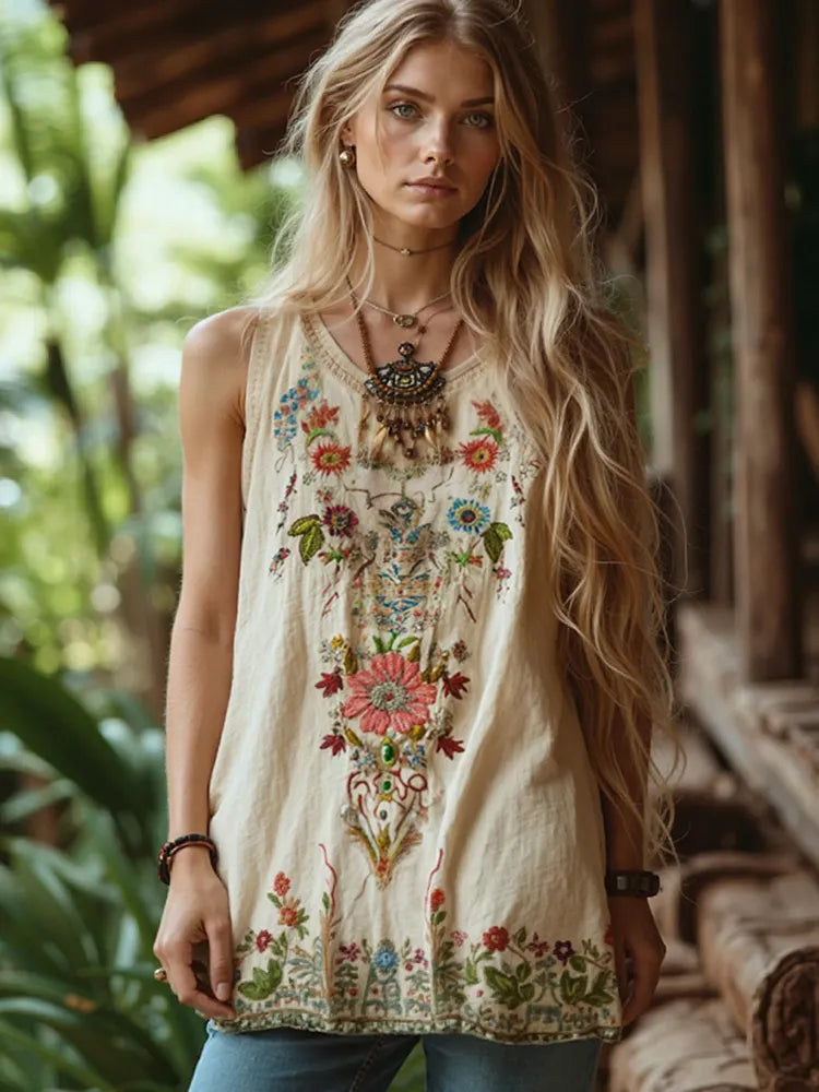 Women's Bohemian Vintage Floral Embroidery Art Tank Top