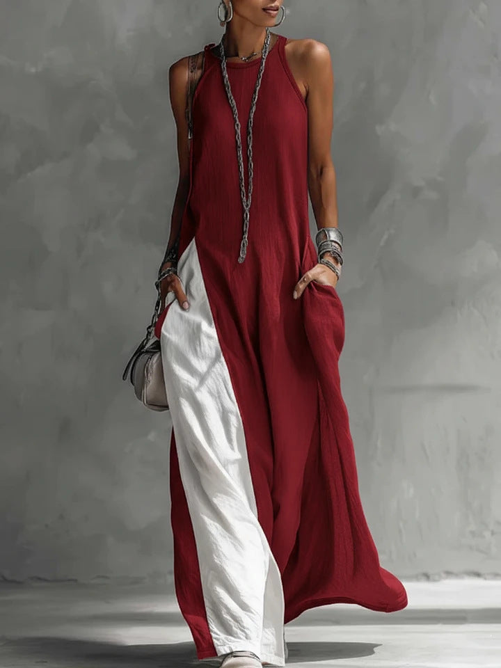 Dadihouse Avant-Garde Halter Maxi Dress - Contrast Color-Block Loose Fit Art-Style Gown