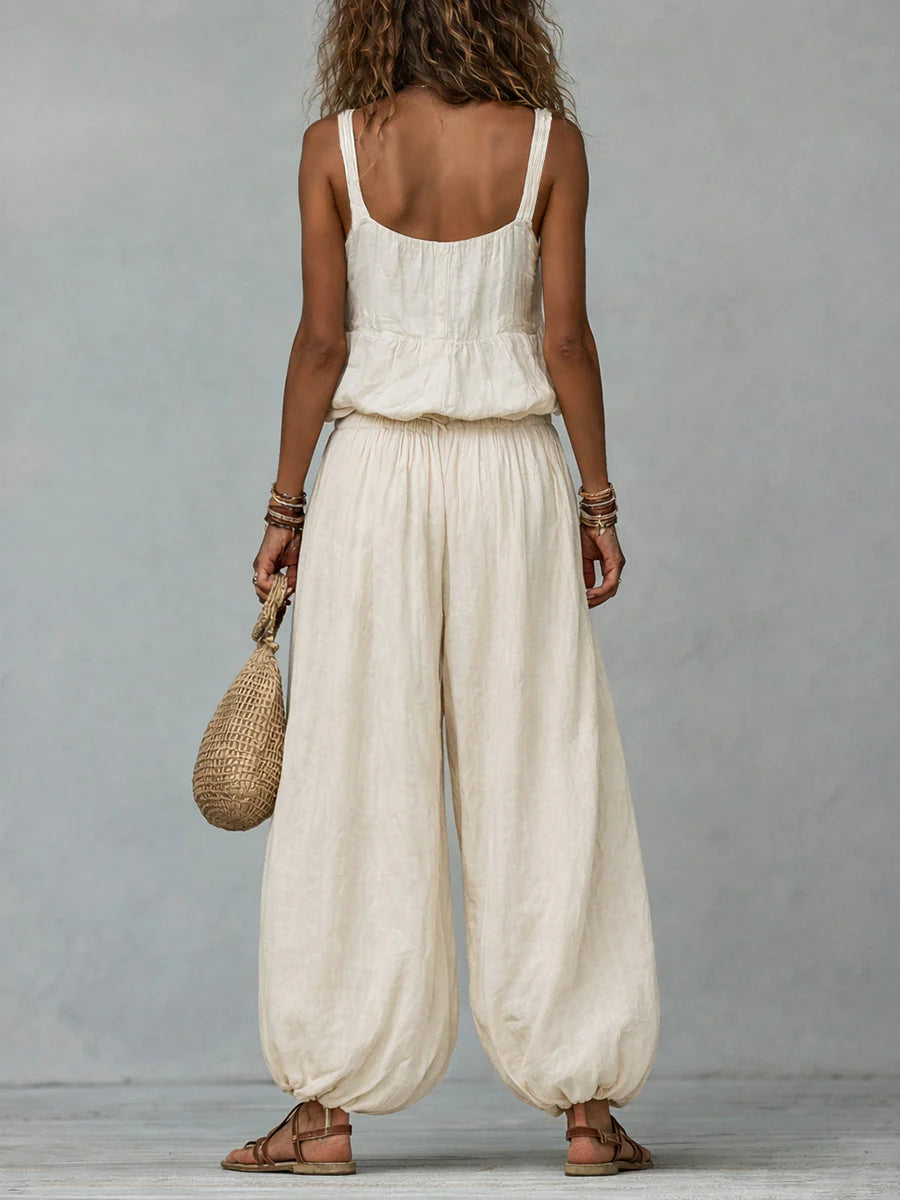 Women's Cotton-linen Embroidered Vest Lantern Wide-leg Pants