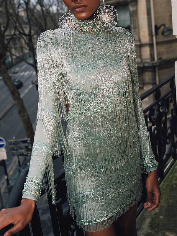 Fashion Tasseled Shiny Backless Mint Green Long Sleeve Loose Evening Mini Dress