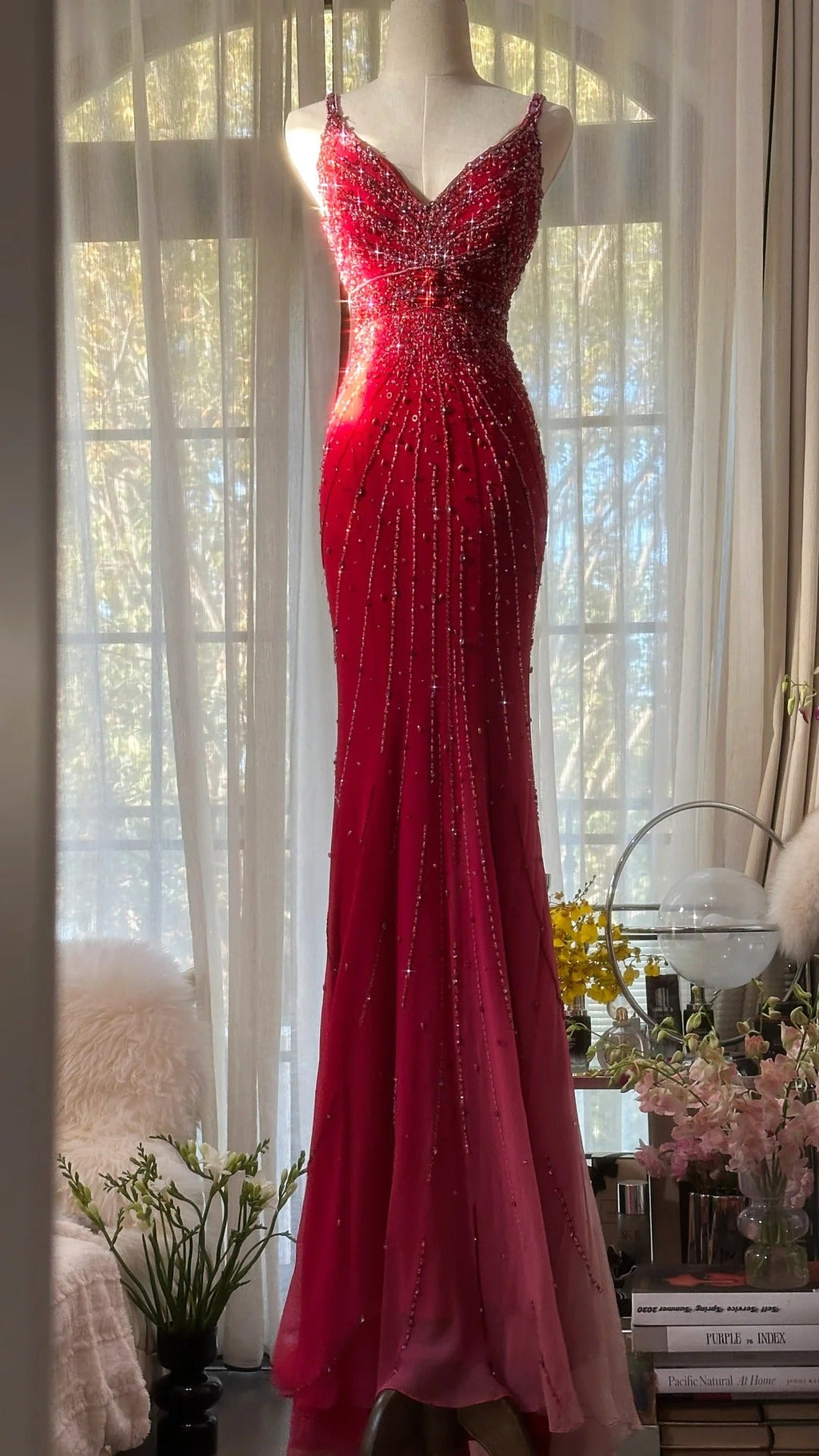Red Beaded Vintage Evening Dresses, Sleeveless Long Party Gowns  25501