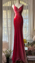 Red Beaded Vintage Evening Dresses, Sleeveless Long Party Gowns  25501